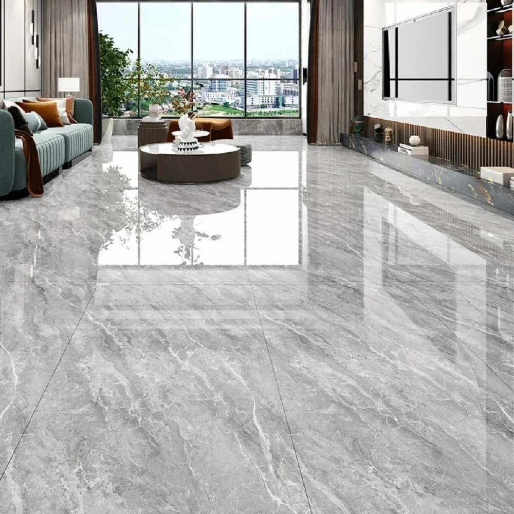 Polished grey marble-look tile floor in a modern living room
